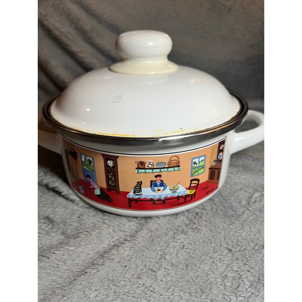 Villeroy & Boch Naif‎ Enamel Pot w/ Lid Double Handle Folk Art Laplau Germany